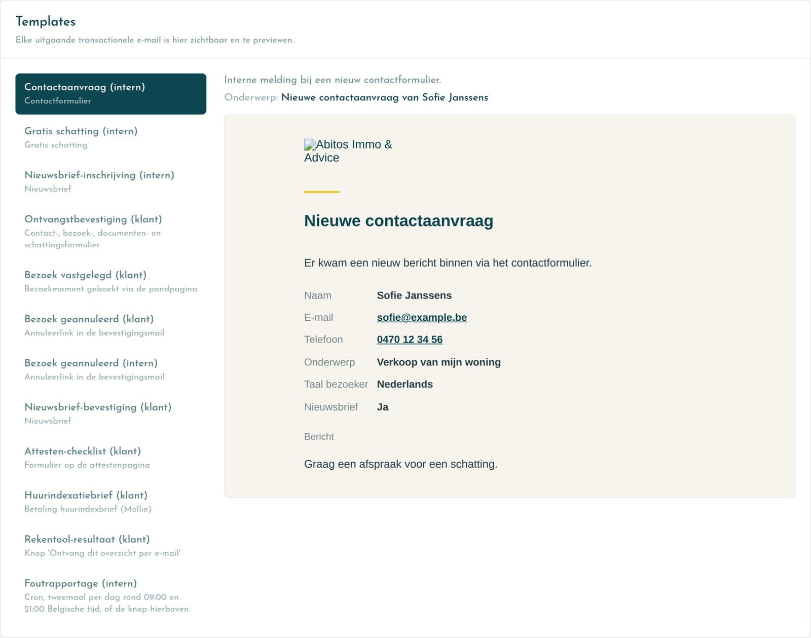 De e-mailsjablonen in het beheerpaneel, met een voorbeeld van een contactmelding