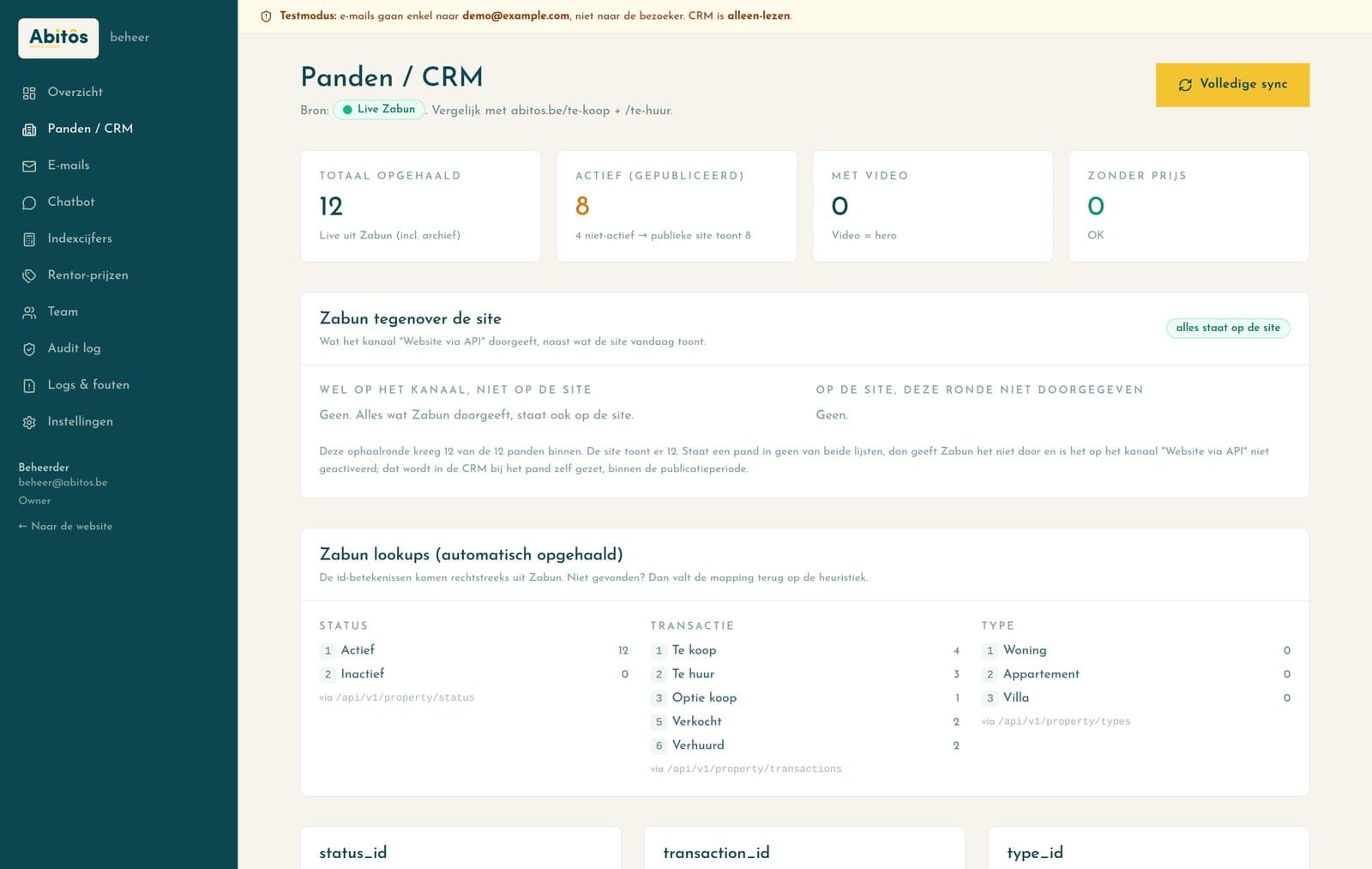 De sectie panden in het beheerpaneel, met wat de CRM doorgeeft