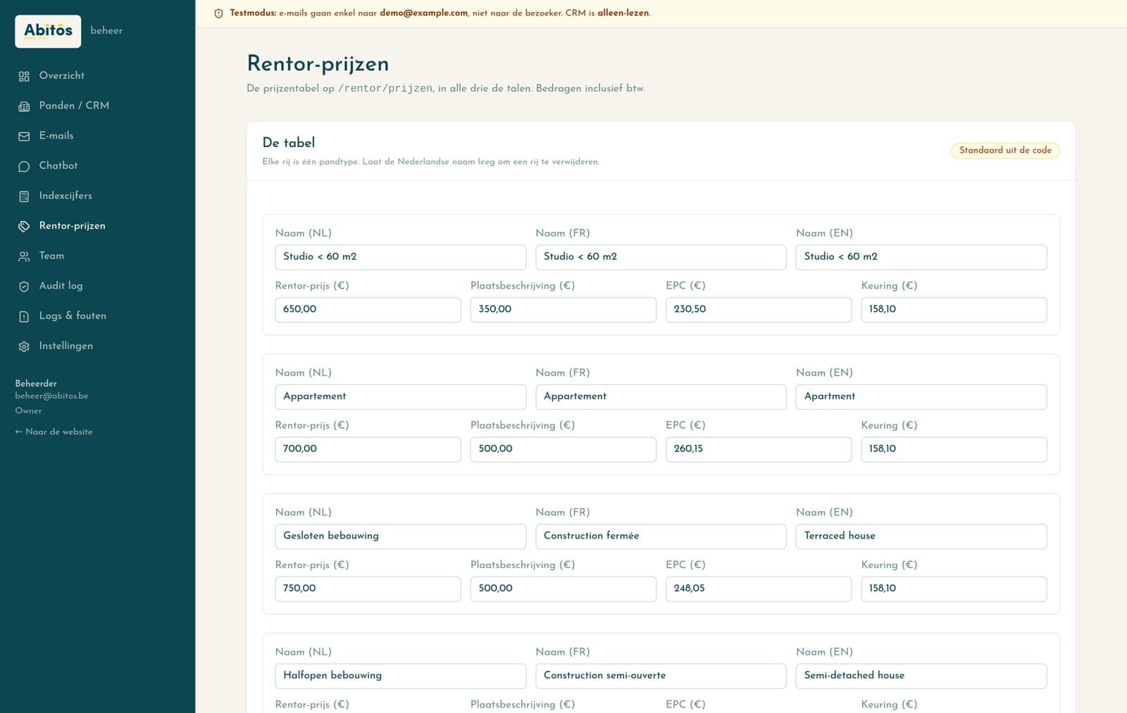 De tarieventabel van een dienst, per pandtype en per taal